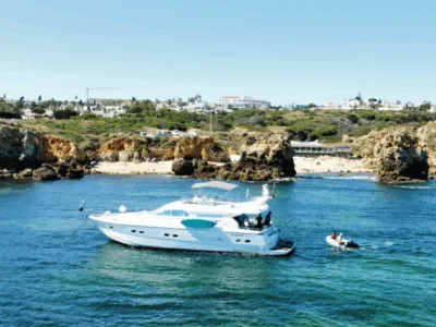 Oporto boat tour | AnchorsBook Photo Elegant Flybridge Yacht Experience from Vilamoura Marina – Perfect for Groups & Celebrations