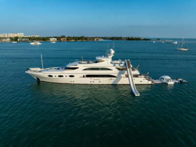 166' Trinity Mega Yacht Charter in Miami | Jet Skis, Seabobs, Waterslide & Onboard Massage Experience